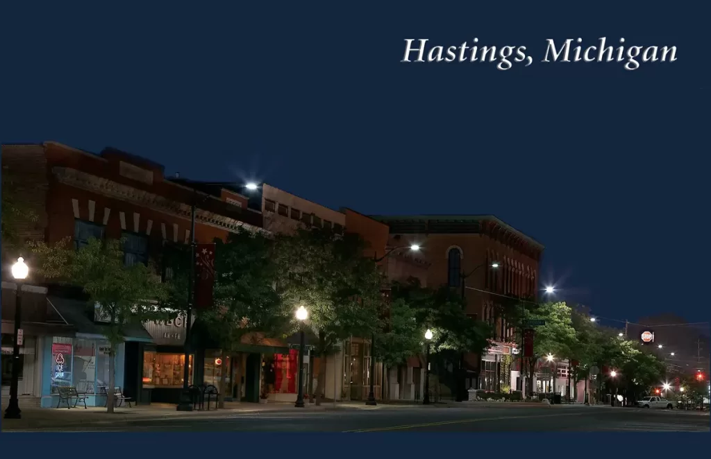 downtown store fronts at twilight Hastings, MI